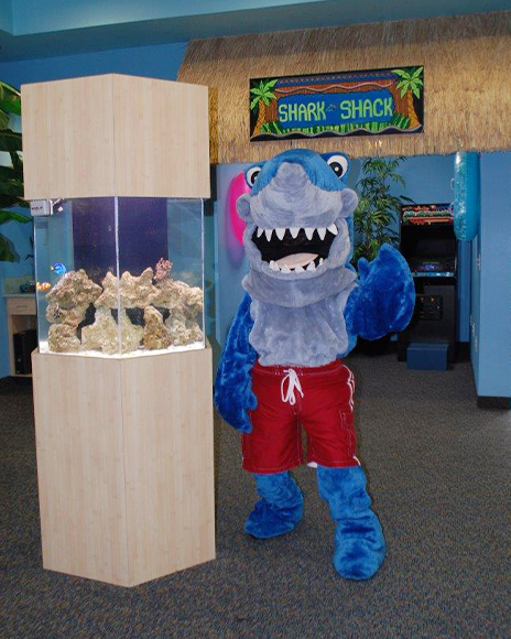 Shark Mascot next to fish tank