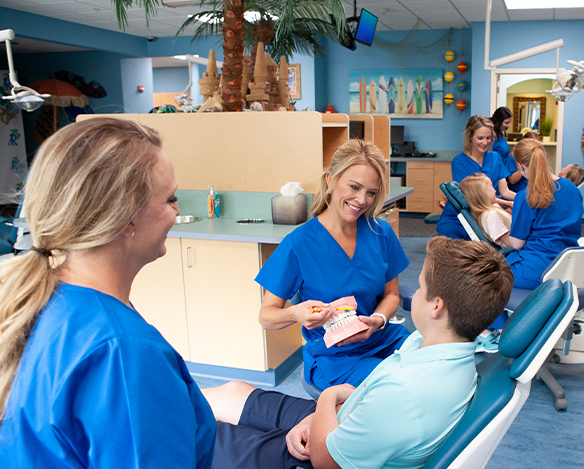 Dental team members and kids in dental treatment area