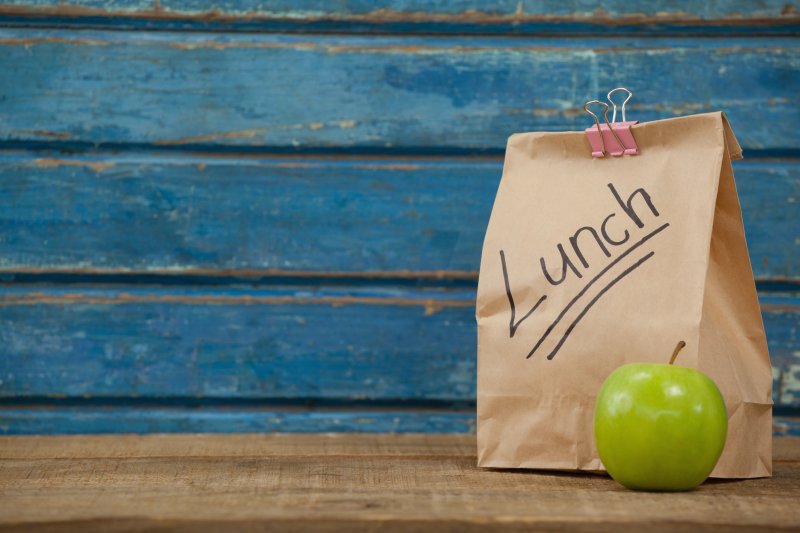 a school lunch and apple